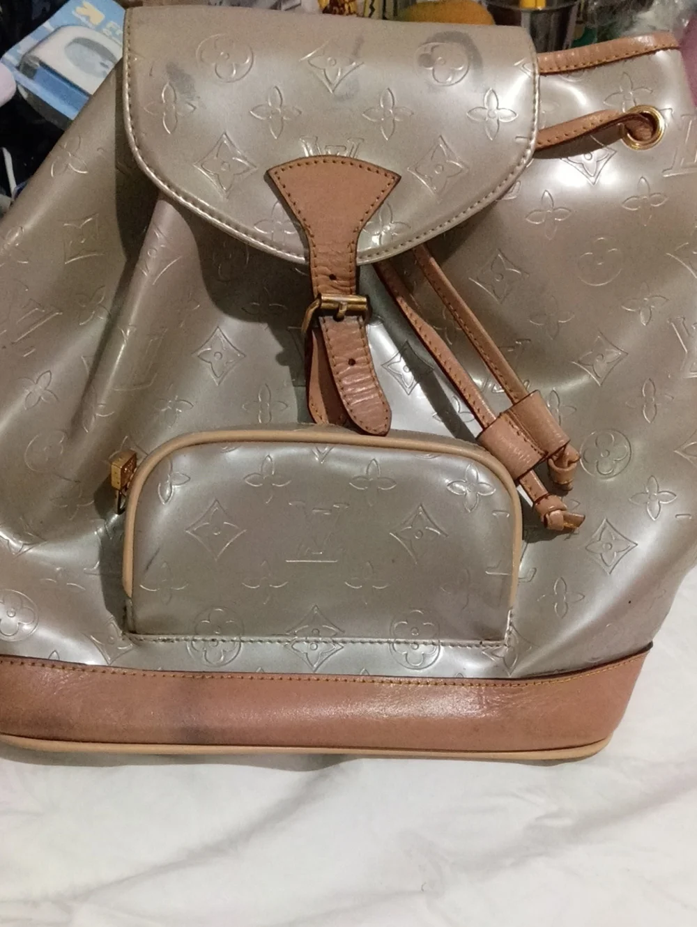 Louis Vuitton Metallic Taupe Drawstring Monogram Backpack with Tan Trim